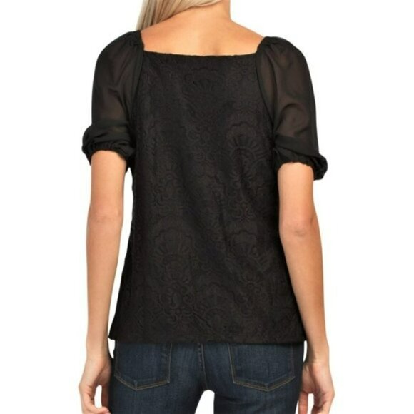 NWT BY DESIGN Sheer Lace Overlay Stretch Puff Sleeve Sweetheart Blouse Top - Picture 2 of 4
